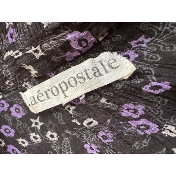 Aeropostale Sheer Black Purple Floral Blouse Ruched Button Front Top size XS - Picture 3 of 6